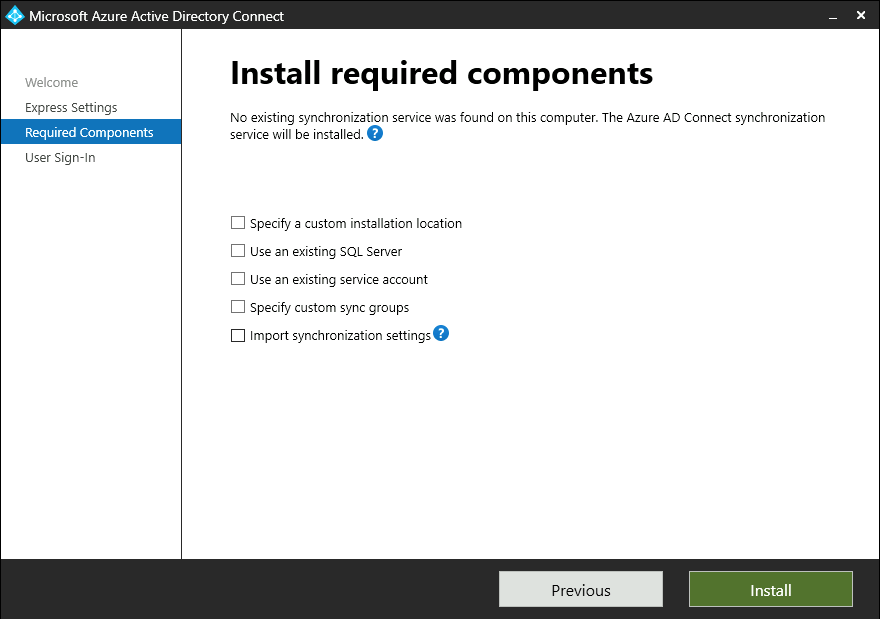 Screenshot showing optional selections for the required installation components in Microsoft Entra Connect.