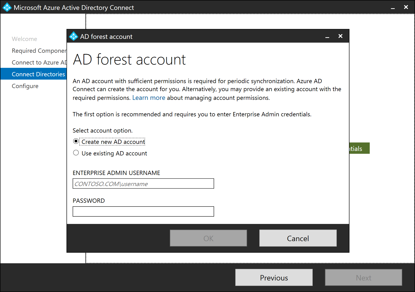 Screenshot that shows the pop-up dialog "A D forest account" with "Create new A D account" selected.