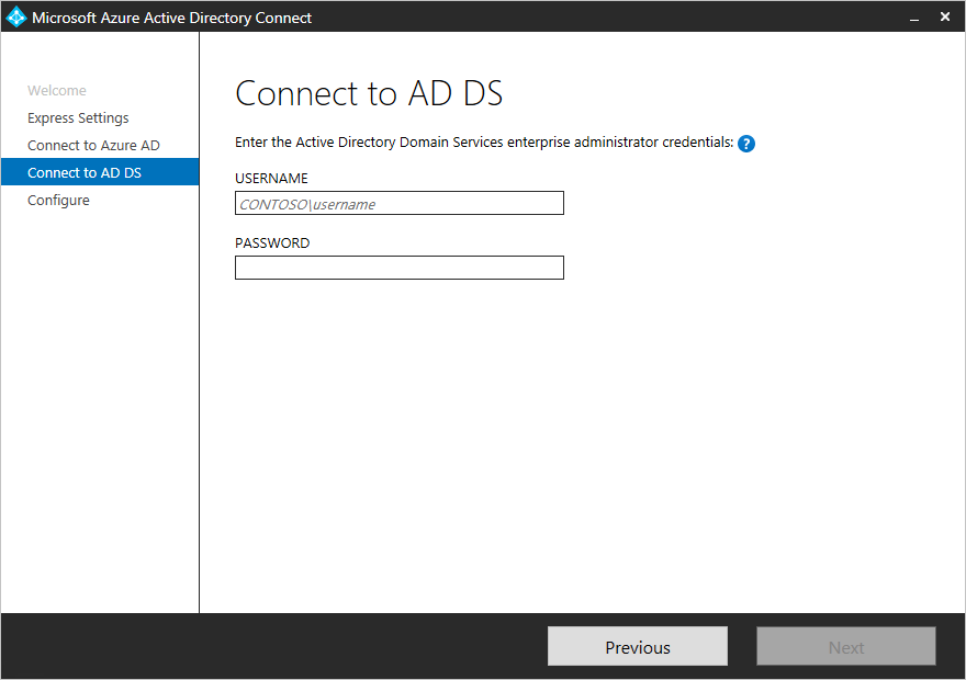 Screenshot that shows the Connect to AD DS page in the installation wizard.
