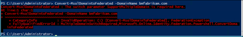 Screenshot that shows a federation error in PowerShell.