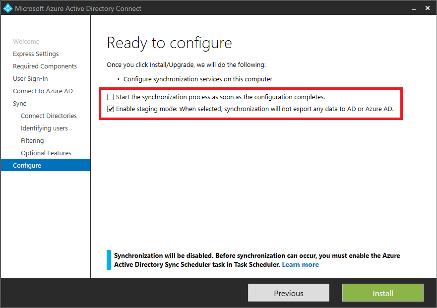 Screenshot shows the Ready to configure page in the Azure AD Connect dialog box.