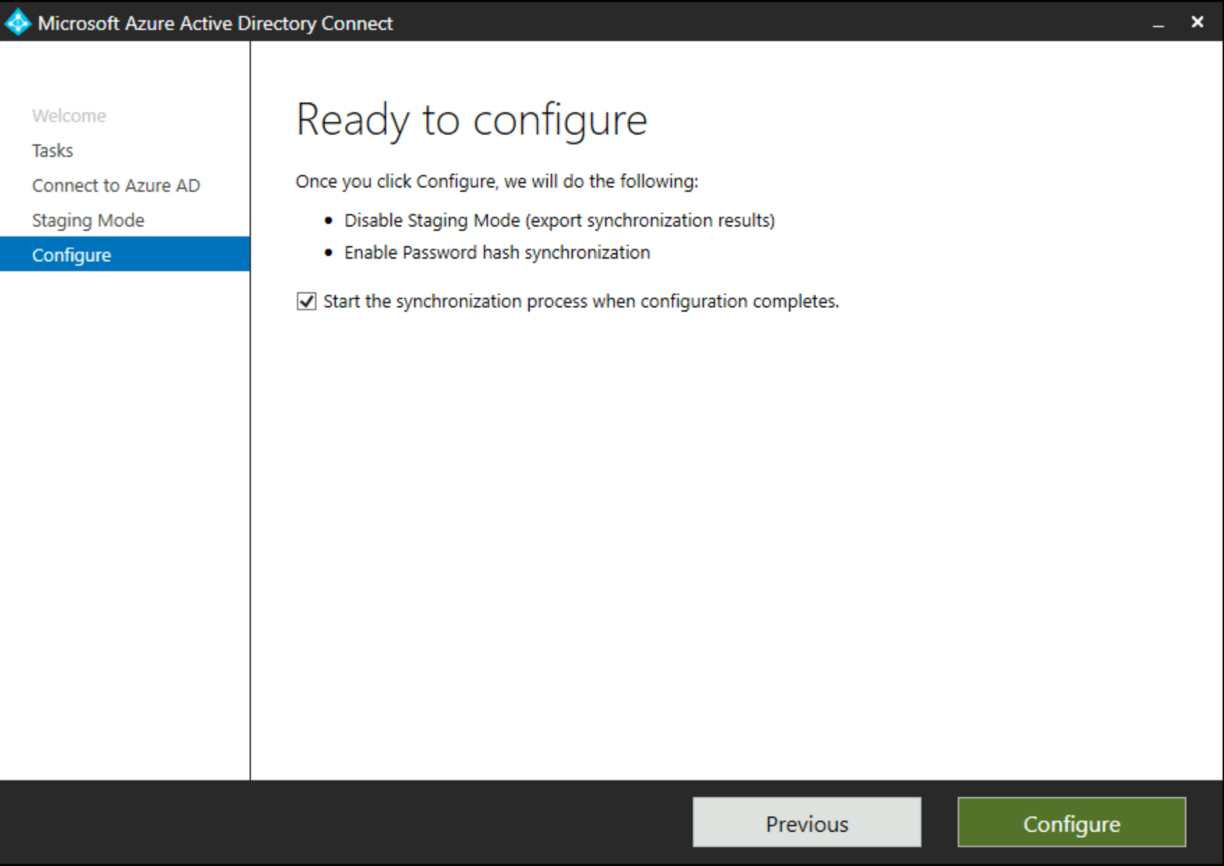 Screenshot shows Ready to Configure screen in the Staging Azure AD Connect dialog box.