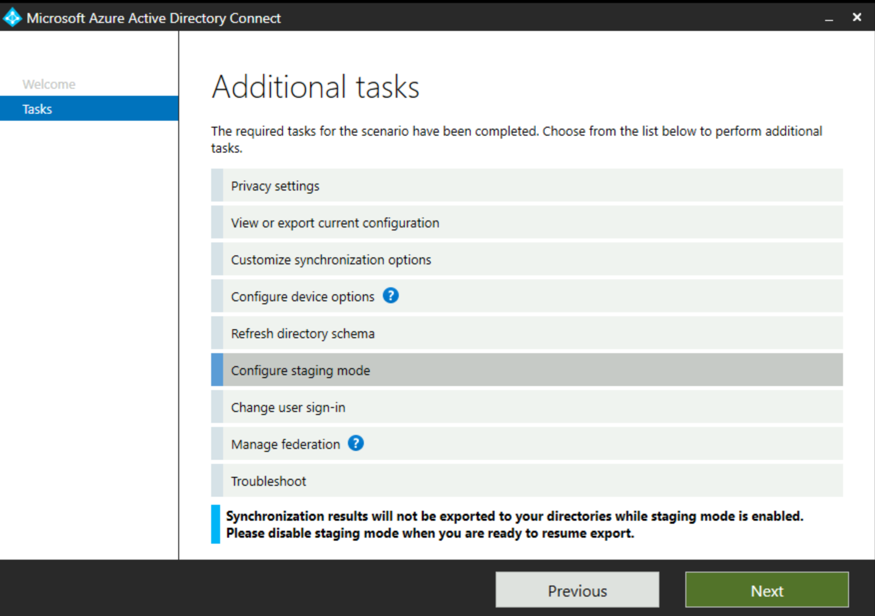 Screenshot shows Staging Mode highlighted in the Staging Azure AD Connect dialog box.