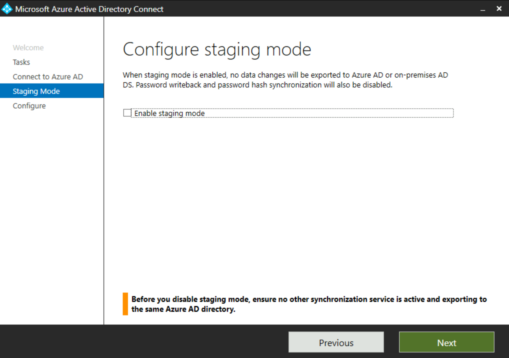 Screenshot shows Staging Mode configuration in the Staging Azure AD Connect dialog box.