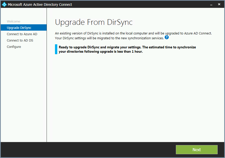 Screenshot that shows the analysis completed and you're ready to upgrade from DirSync.
