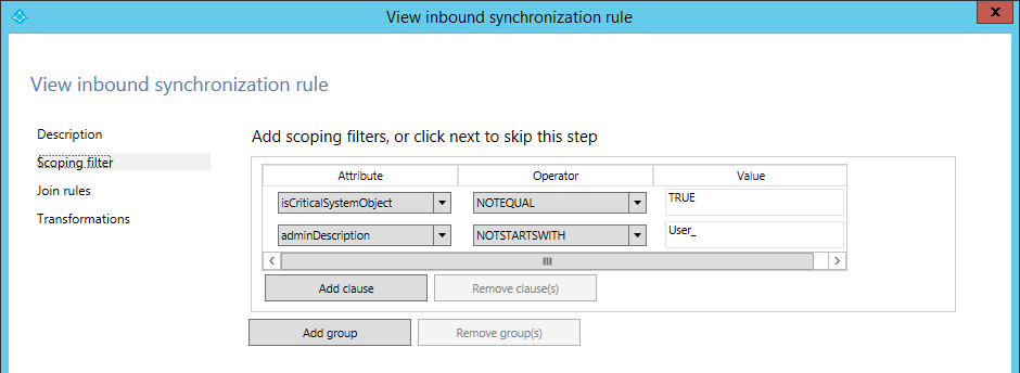 Screenshot of a scoping filter in an inbound synchronization rule search