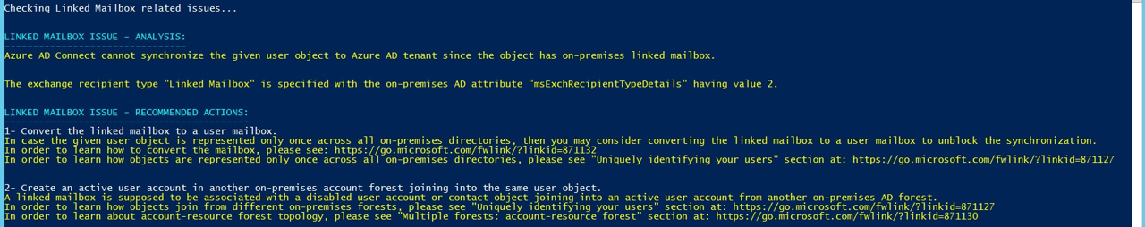 Screenshot that shows an example of a linked mailbox error in PowerShell.