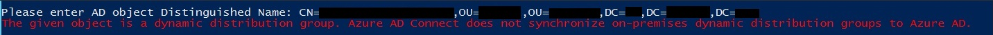 Screenshot that shows an example of a dynamic distribution group error in PowerShell.