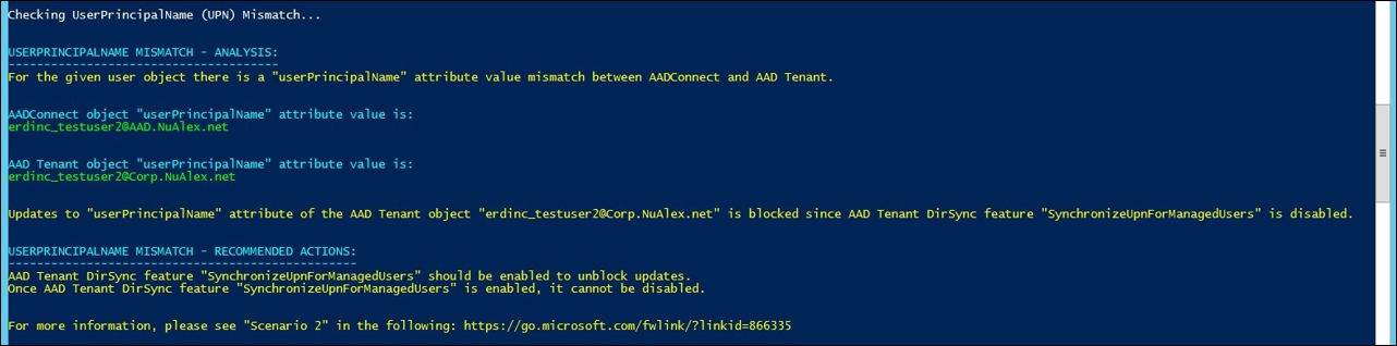 Screenshot that shows an example of a UPN sync for managed users error in PowerShell.