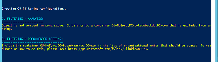 Screenshot that shows an example of an OU filtering error in PowerShell.