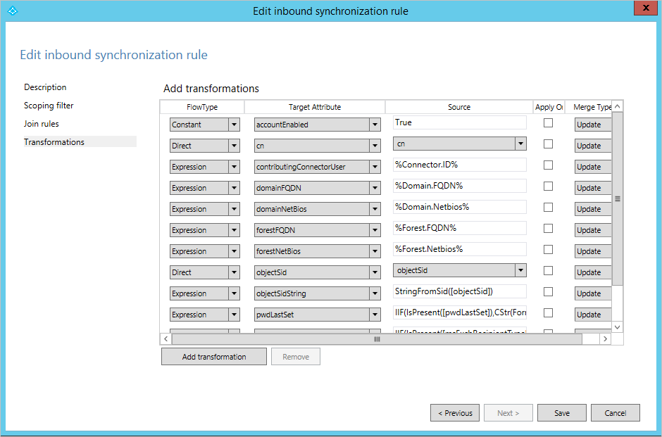 Transformations tab in Sync rule editor