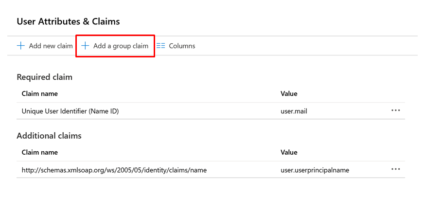 Screenshot that shows the page for user attributes and claims, with the button for adding a group claim selected.