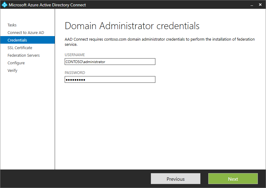 Screenshot that shows the "Connect to Azure AD" page, with sample credentials entered.