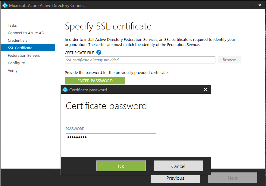 Screenshot that shows the "Specify SSL certificate" page with the "Certificate password" window open.
