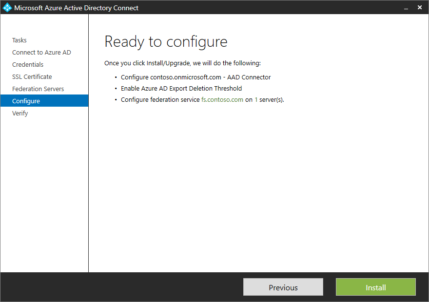 Screenshot that shows the "Ready to configure" page with a list of actions to be completed after you select "Install".