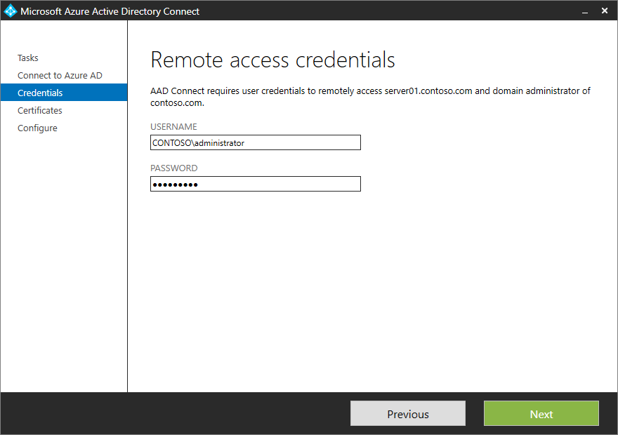 Screenshot that shows the "Remote access credentials" page with example credentials entered.