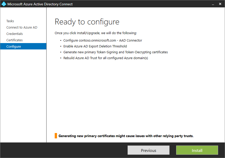 Screenshot that shows the "Ready to configure" page with a list of actions.