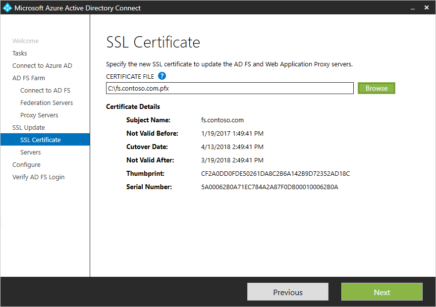 Azure AD Connect Update the TLS/SSL certificate for an AD FS farm