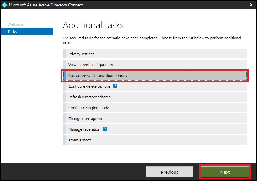 Azure AD Connect additional tasks options