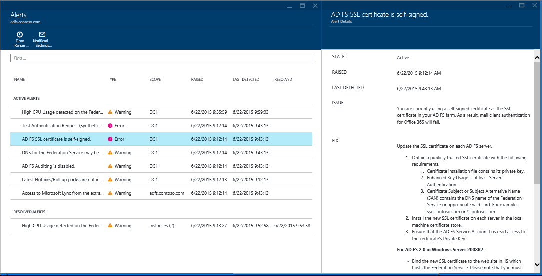 Screenshot that shows the Azure AD Connect Health "Alerts" page with an alert selected, and the "Alert Details" window displayed.