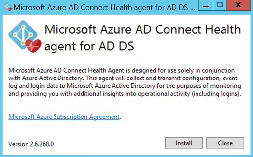 Screenshot that shows the Microsoft Entra Connect Health agent for AD DS installation window.