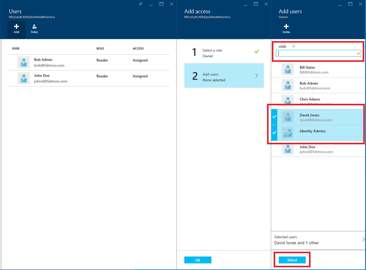 Screenshot of Azure AD Connect Health and Azure role list