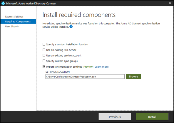 Screenshot that shows the Install required components screen