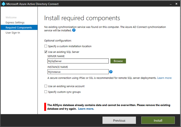 Screenshot that shows the "Install required components" page. An error appears at the bottom of the page.