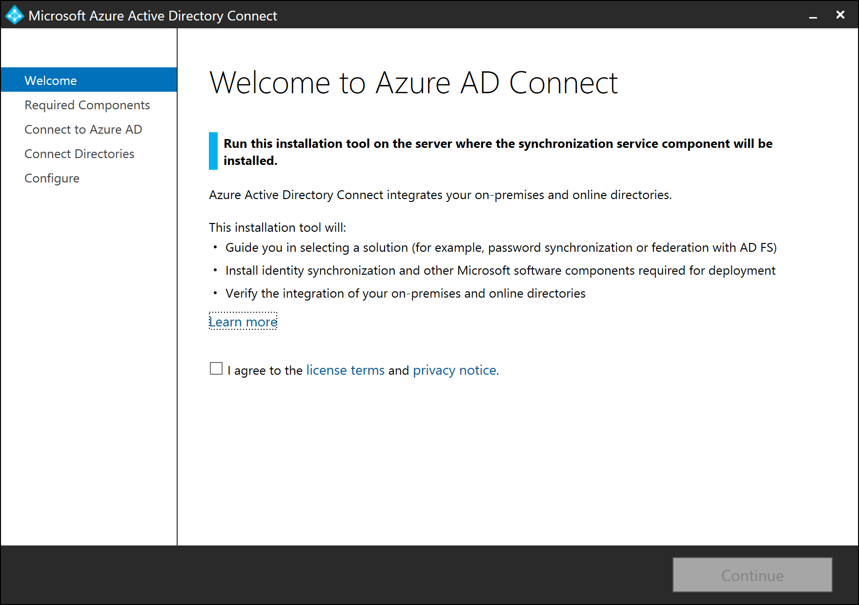 Screenshot that shows the "Welcome to Azure A D Connect" page