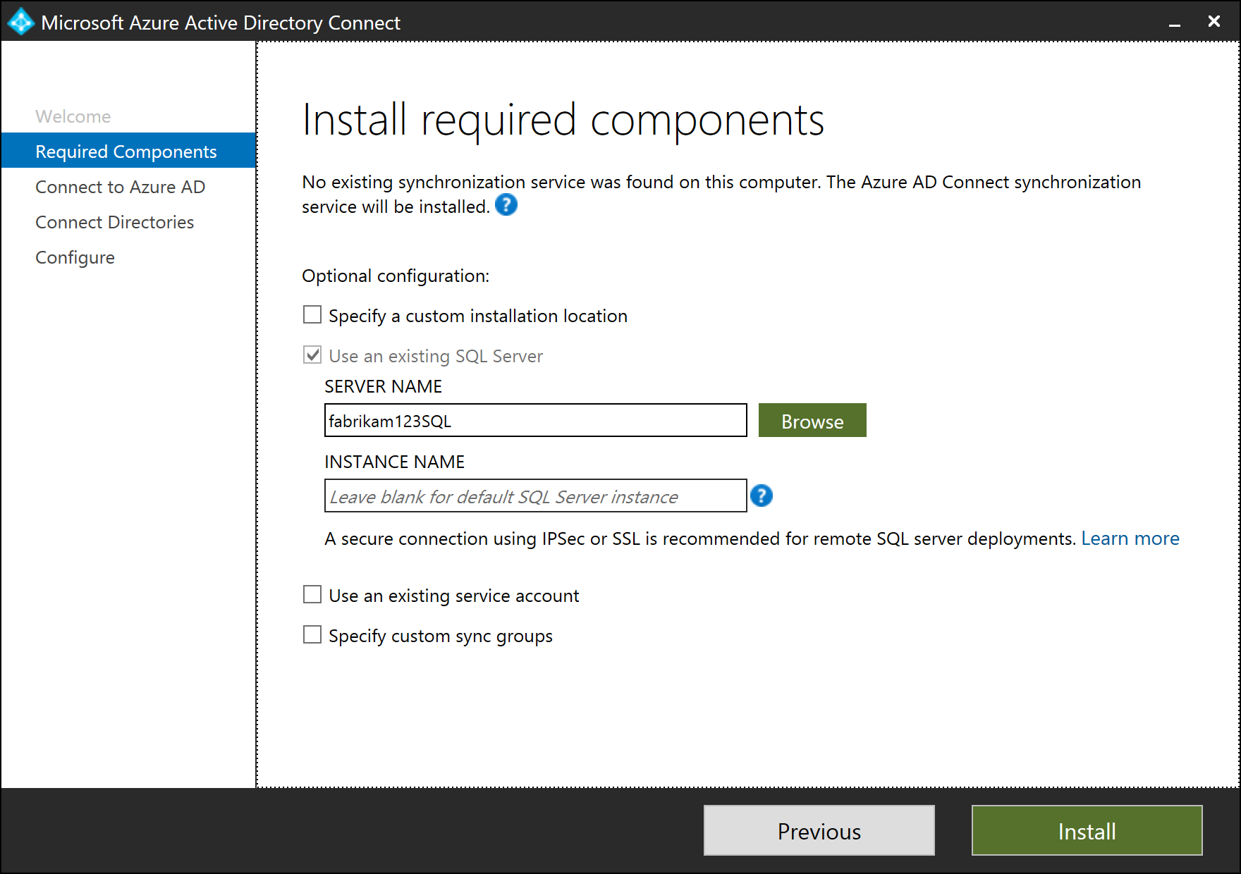 Screenshot that shows the "Install required components" page.