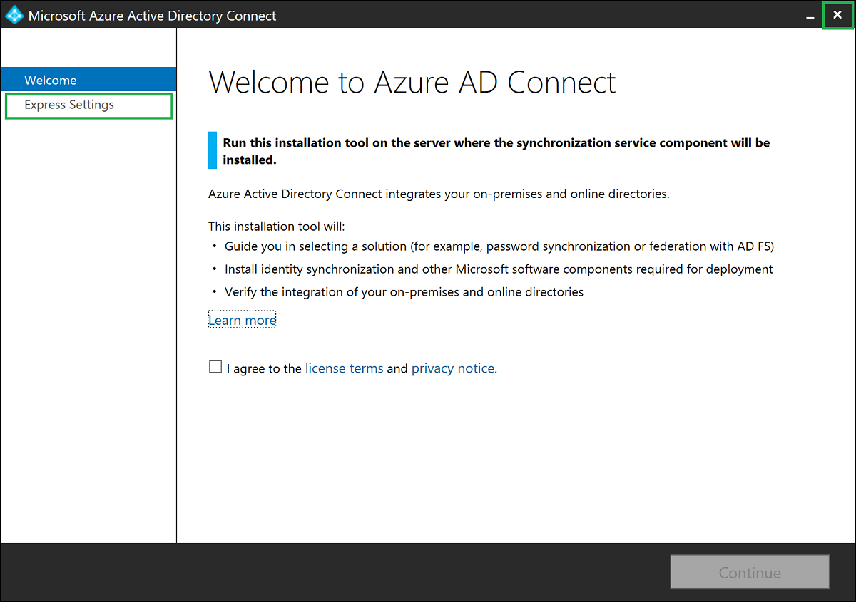 Screenshot that shows the "Welcome to Azure A D Connect" page with "Express Settings" in the left-side menu highlighted.