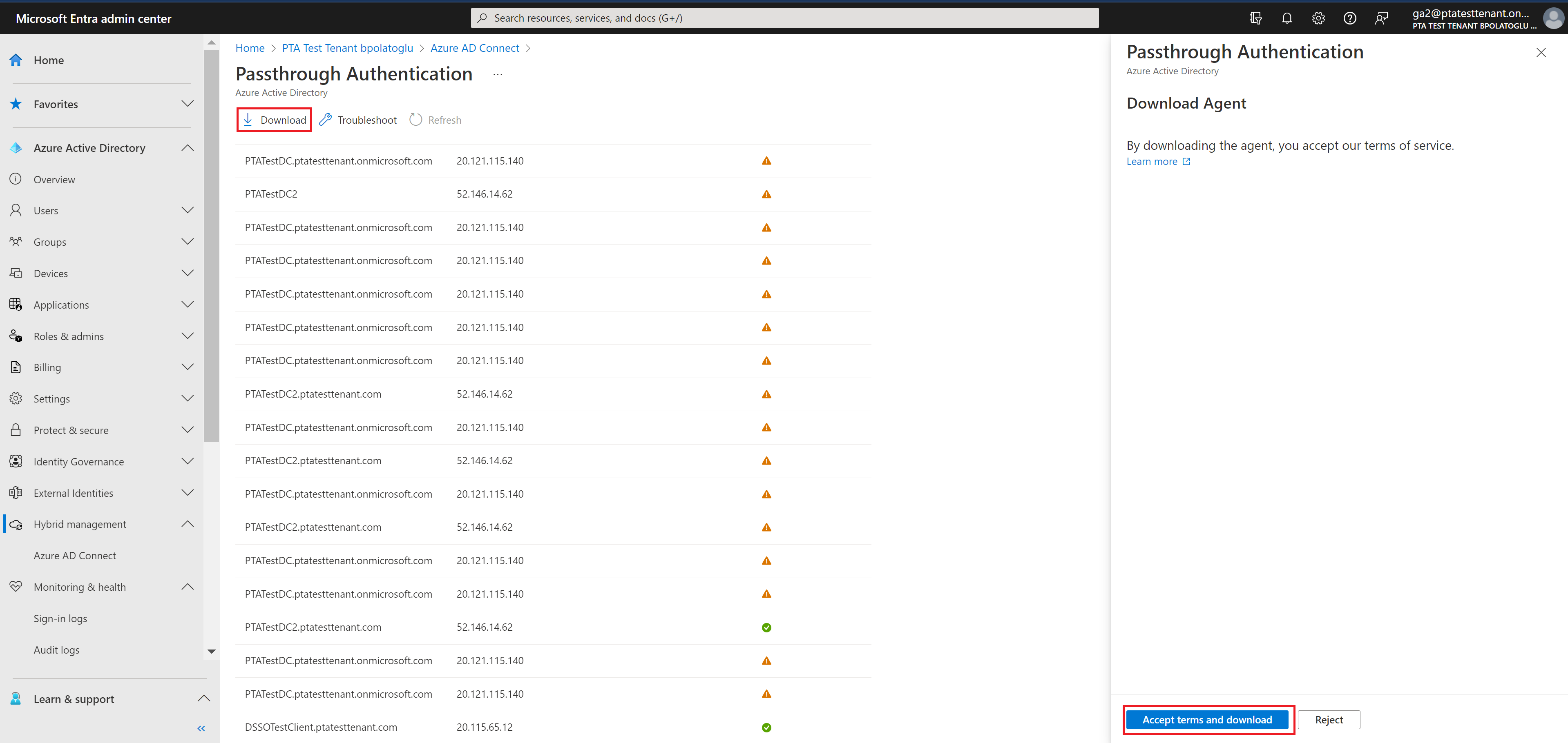 Screenshot shows Entra admin center: Download Authentication Agent button.
