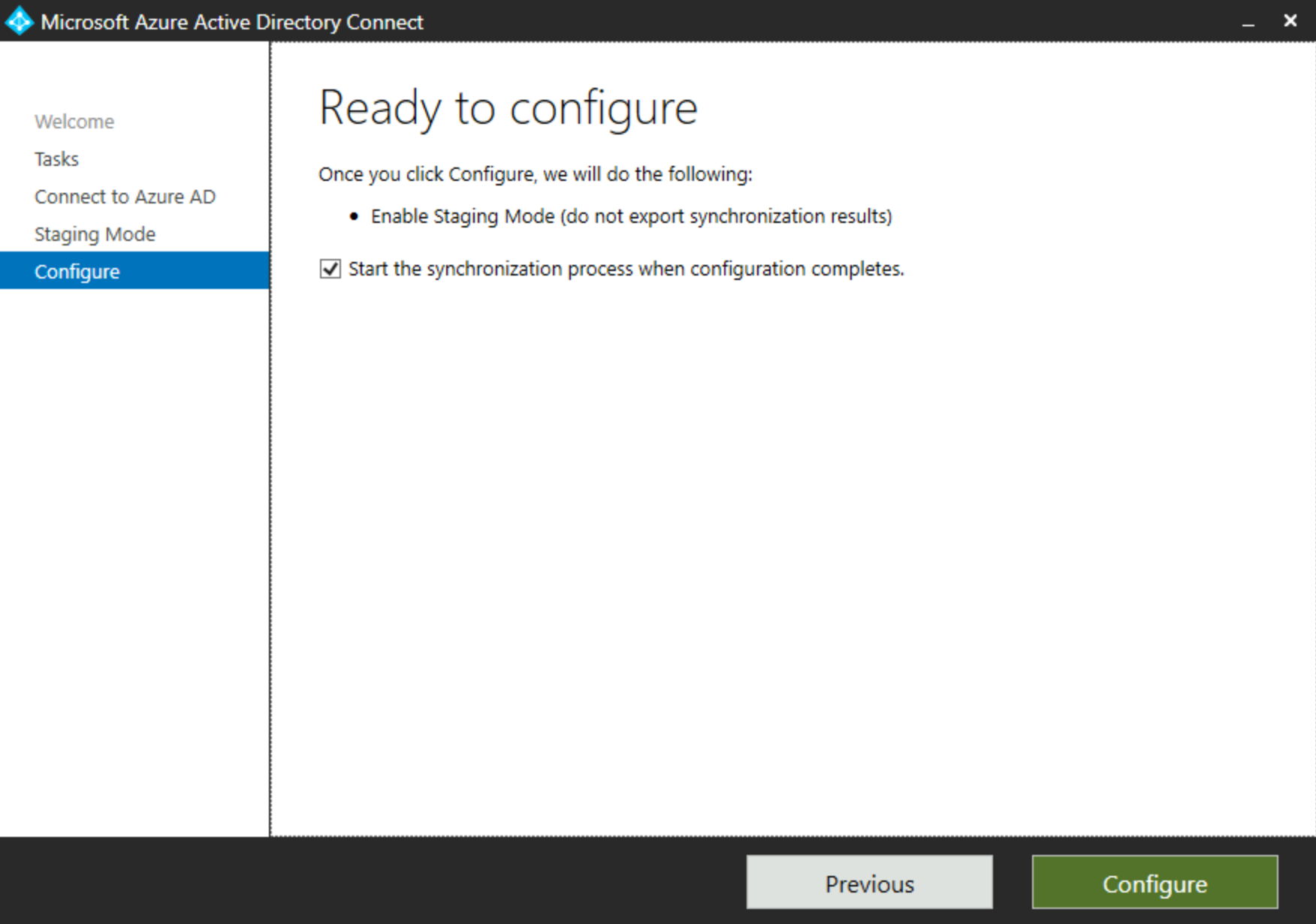 Screenshot shows Ready to Configure screen in the Active Azure AD Connect dialog box.