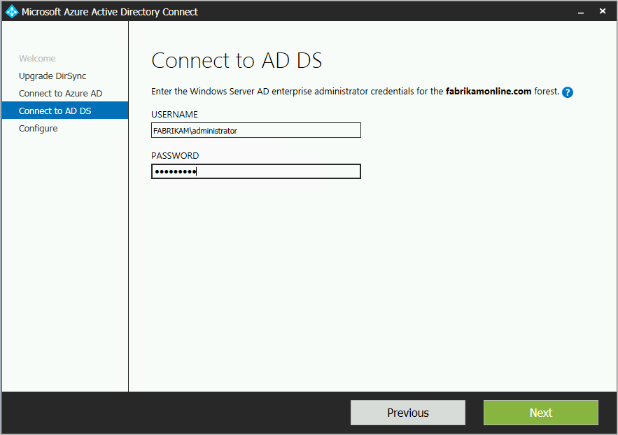 Screenshot that shows where you enter your AD DS credentials.