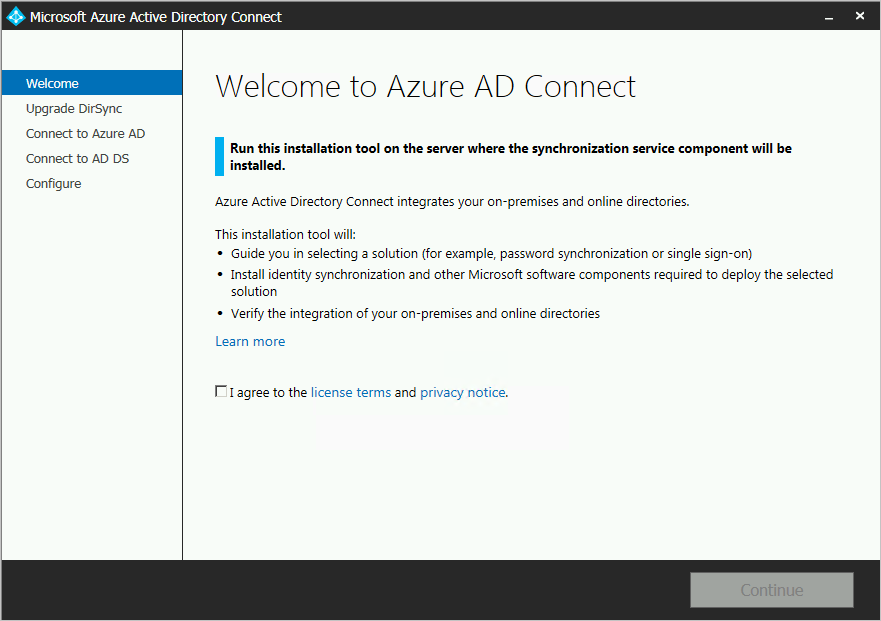 Screenshot that shows the Welcome to Azure AD Connect page.