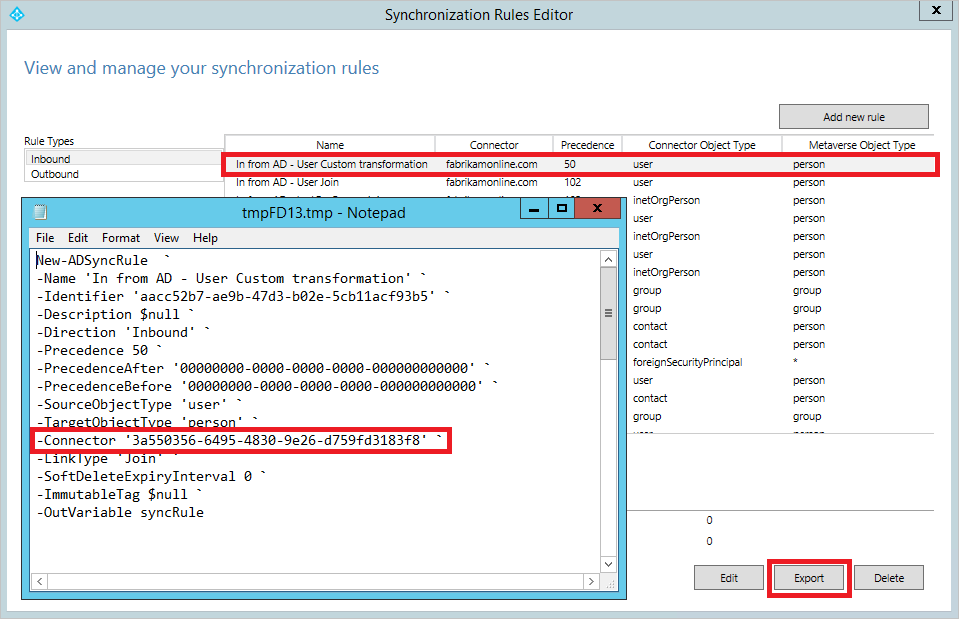 Screenshot showing the syncronization rules editor export window.