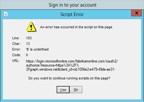 Screenshot that shows an example of a script error when the MFA endpoint can't be reached.