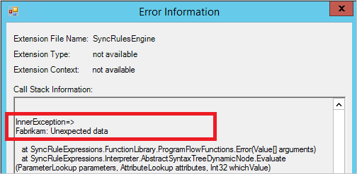 Screenshot of the Synchronization Service Manager, showing error information under the heading InnerException =>