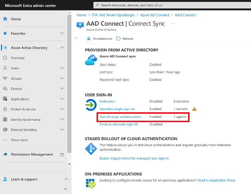 Screnshot shows Entra admin center - Azure AD Connect blade.