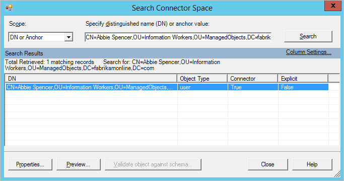 Search for user in connector space with DN
