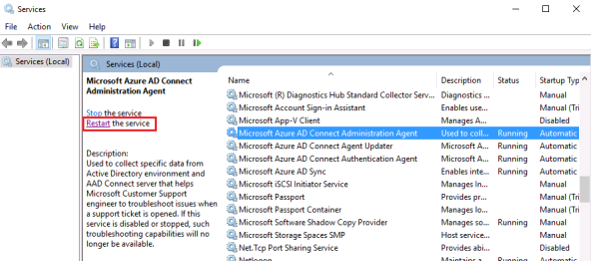 Screenshot that shows how to restart the Azure AD Connect Administrator Agent service.