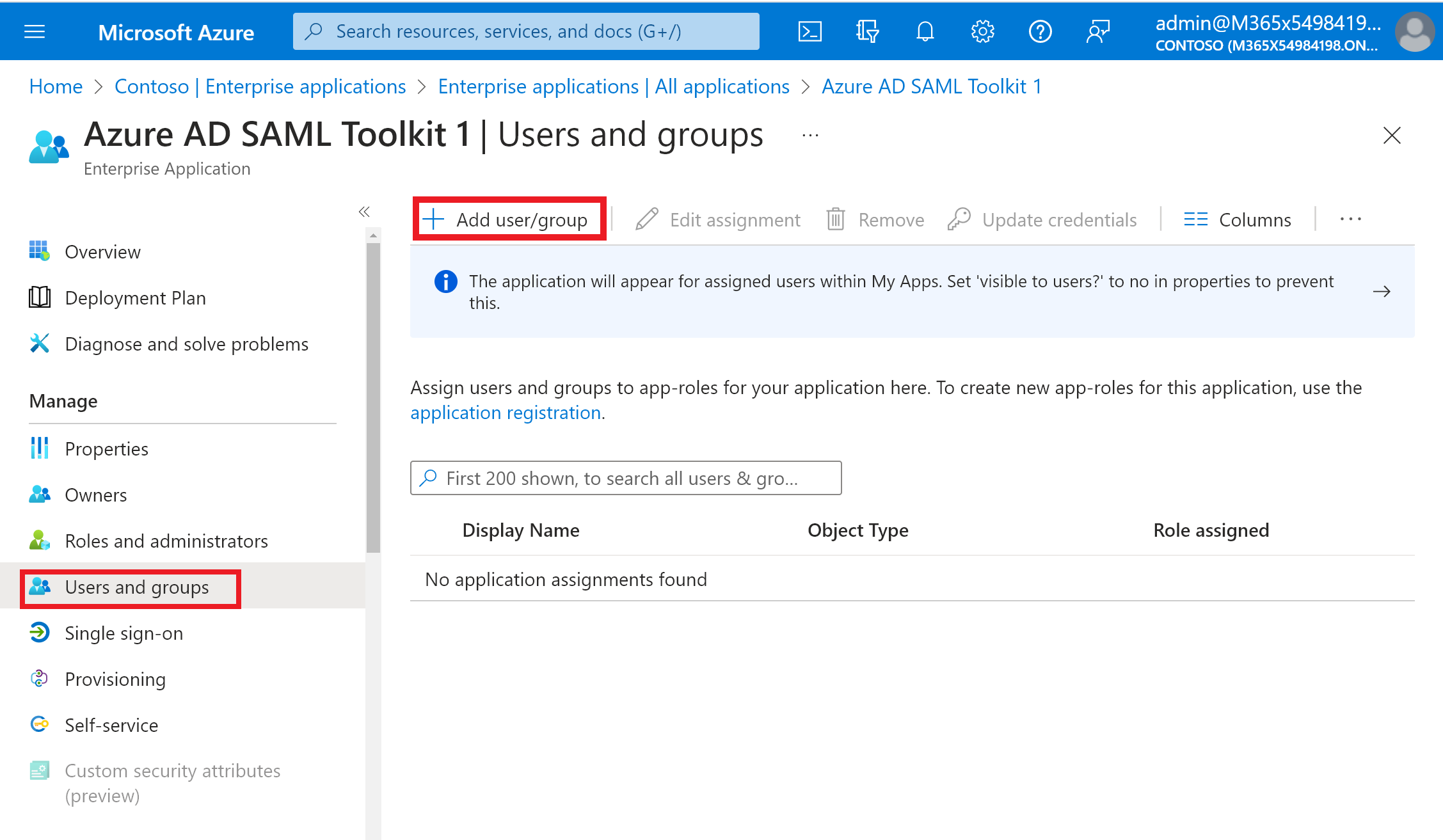 Assign user account to an application in your Azure AD tenant.