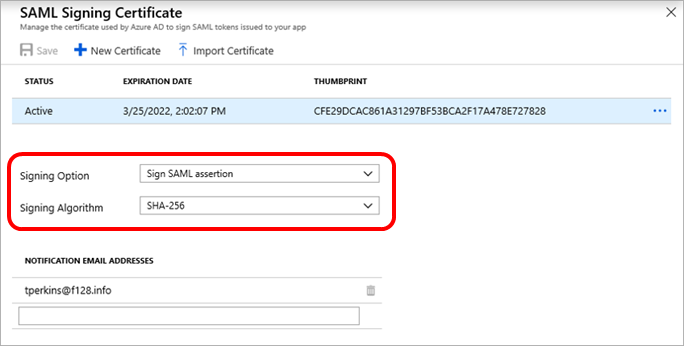 Example: SAML signing certificate page