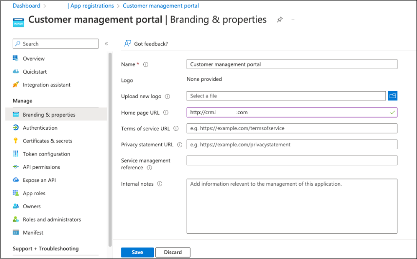 Screenshot of options and entries for branding and properties.