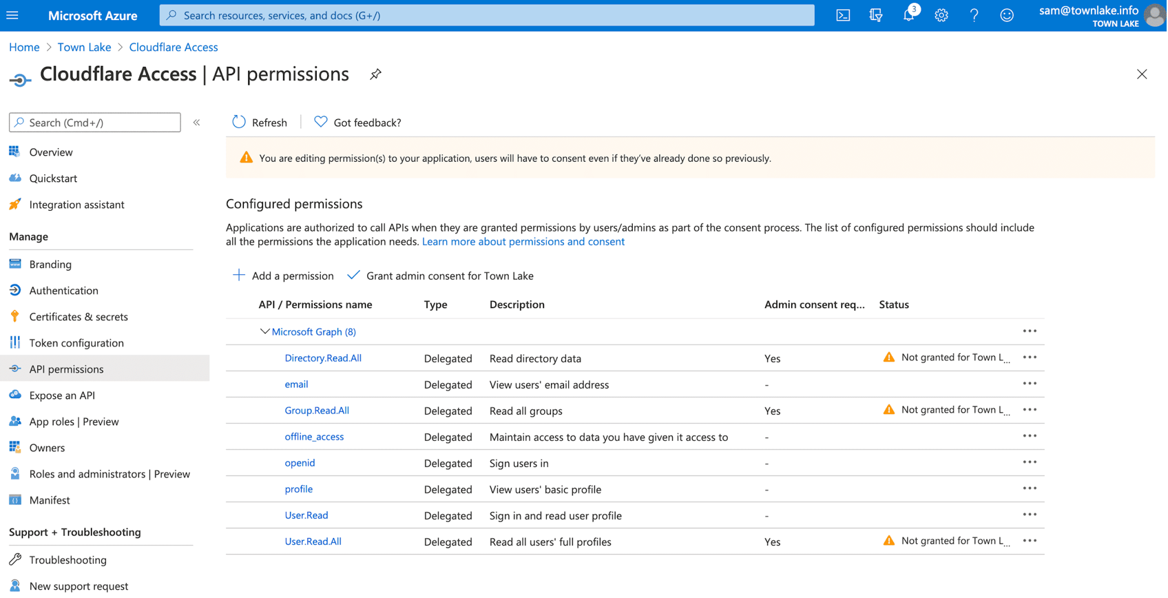 Screenshot of configured permissions under API permissions.