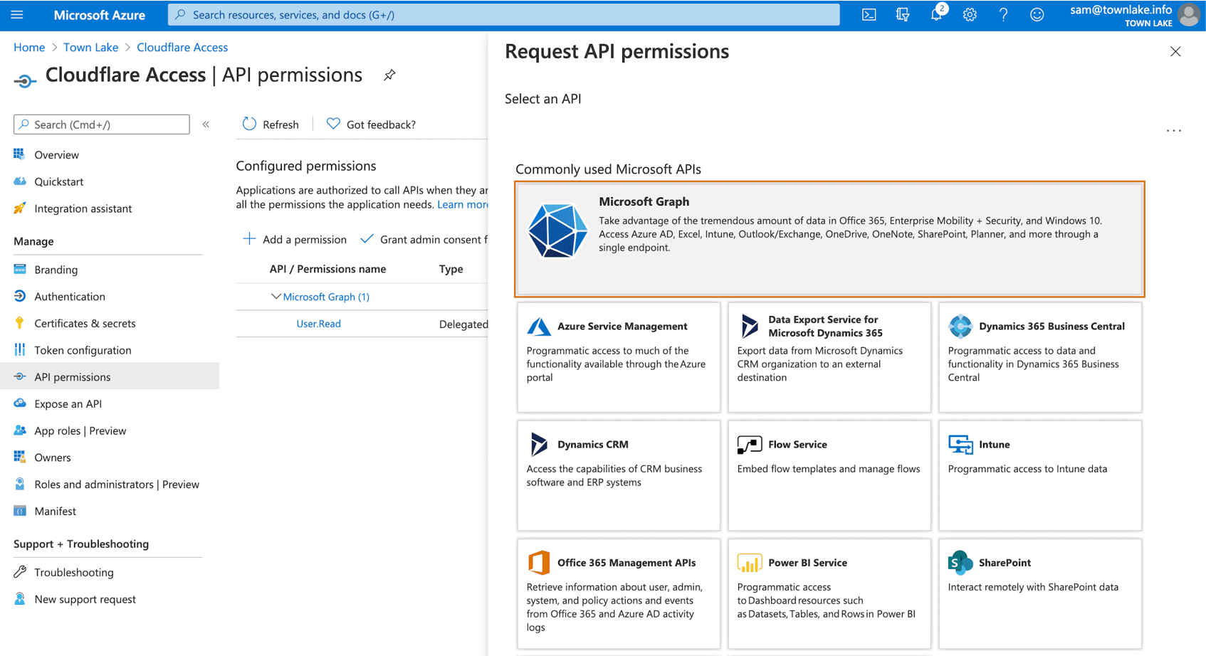 Screenshot of the Microsoft Graph option under Request API permissions.