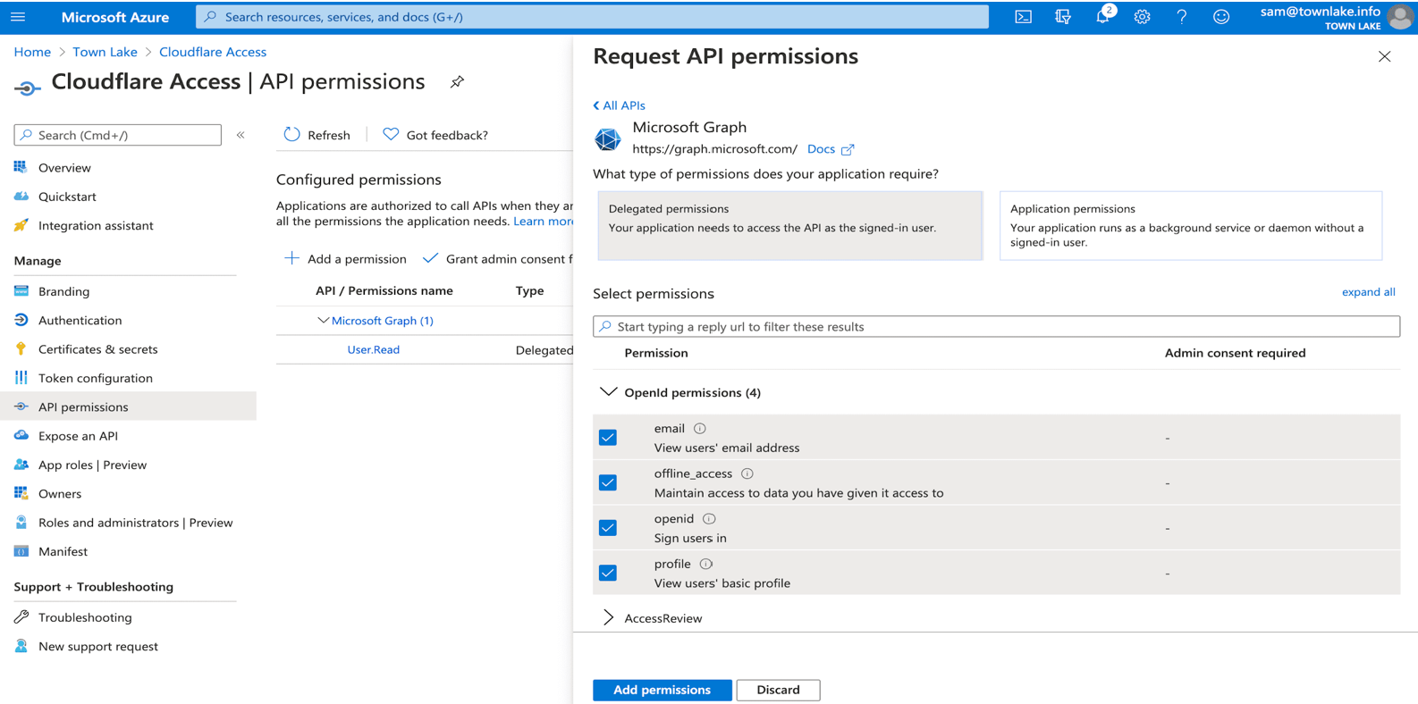 Screenshot options and selections for Request API permissions.