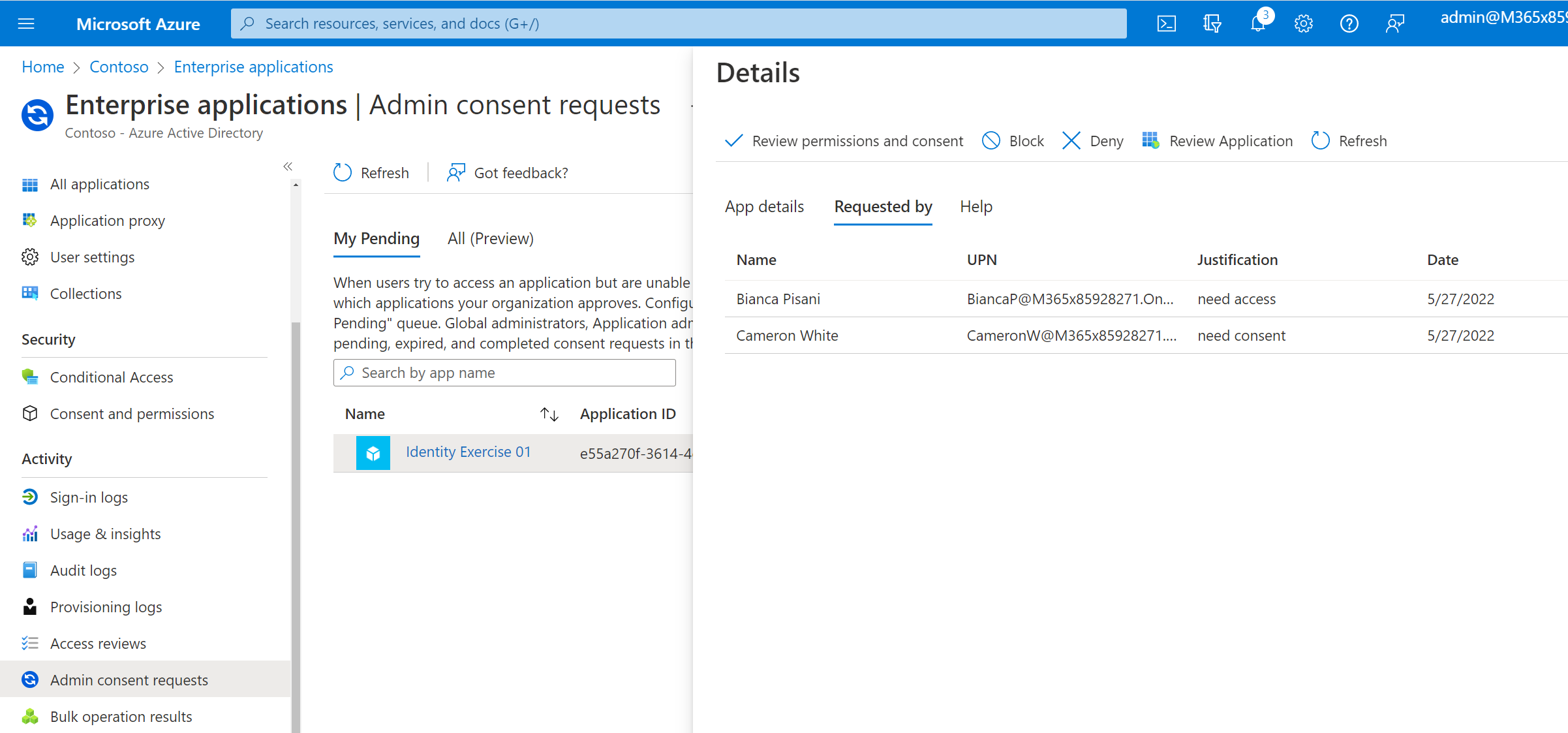 Screenshot of the admin consent requests in the portal.