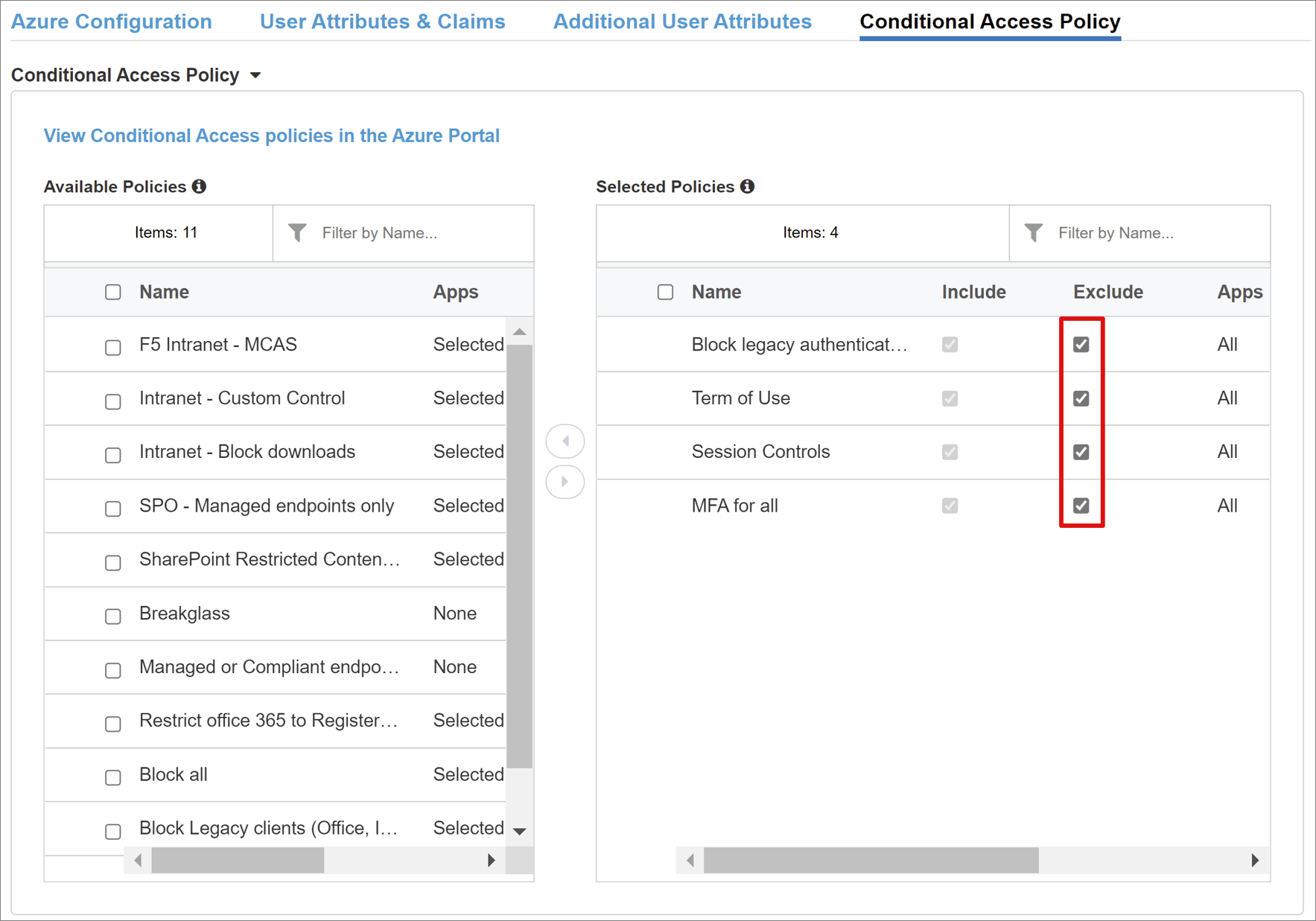 Screenshot of excluded policies under Selected Policies on the Conditional Access Policy tab.