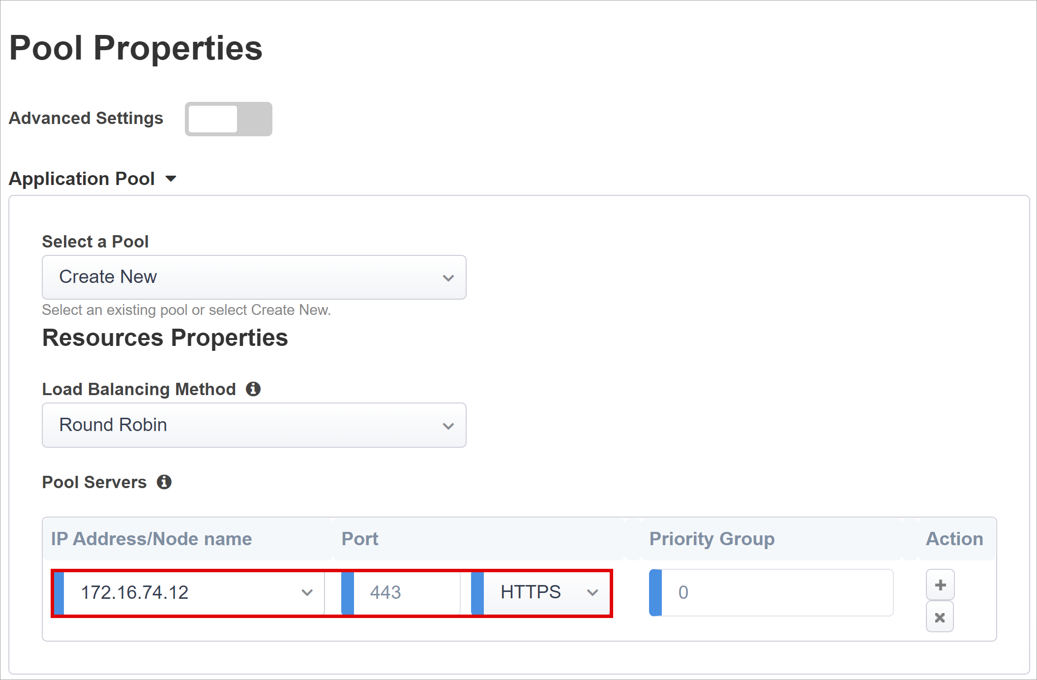 Screenshot of IP Address/Node Name and Port options on Pool Properties.